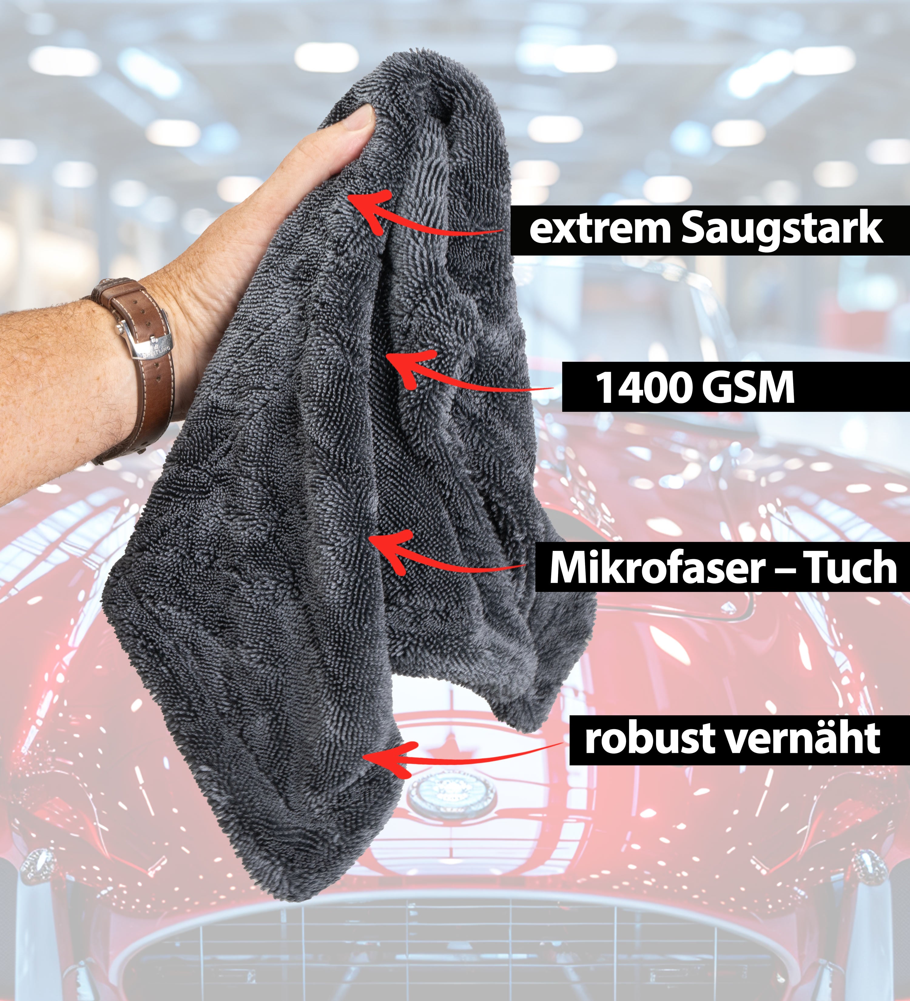 Mikrofasertuch XXL Grau – 1400 GSM Premium Trockentuch, Extrem Saugstark & Fusselfrei