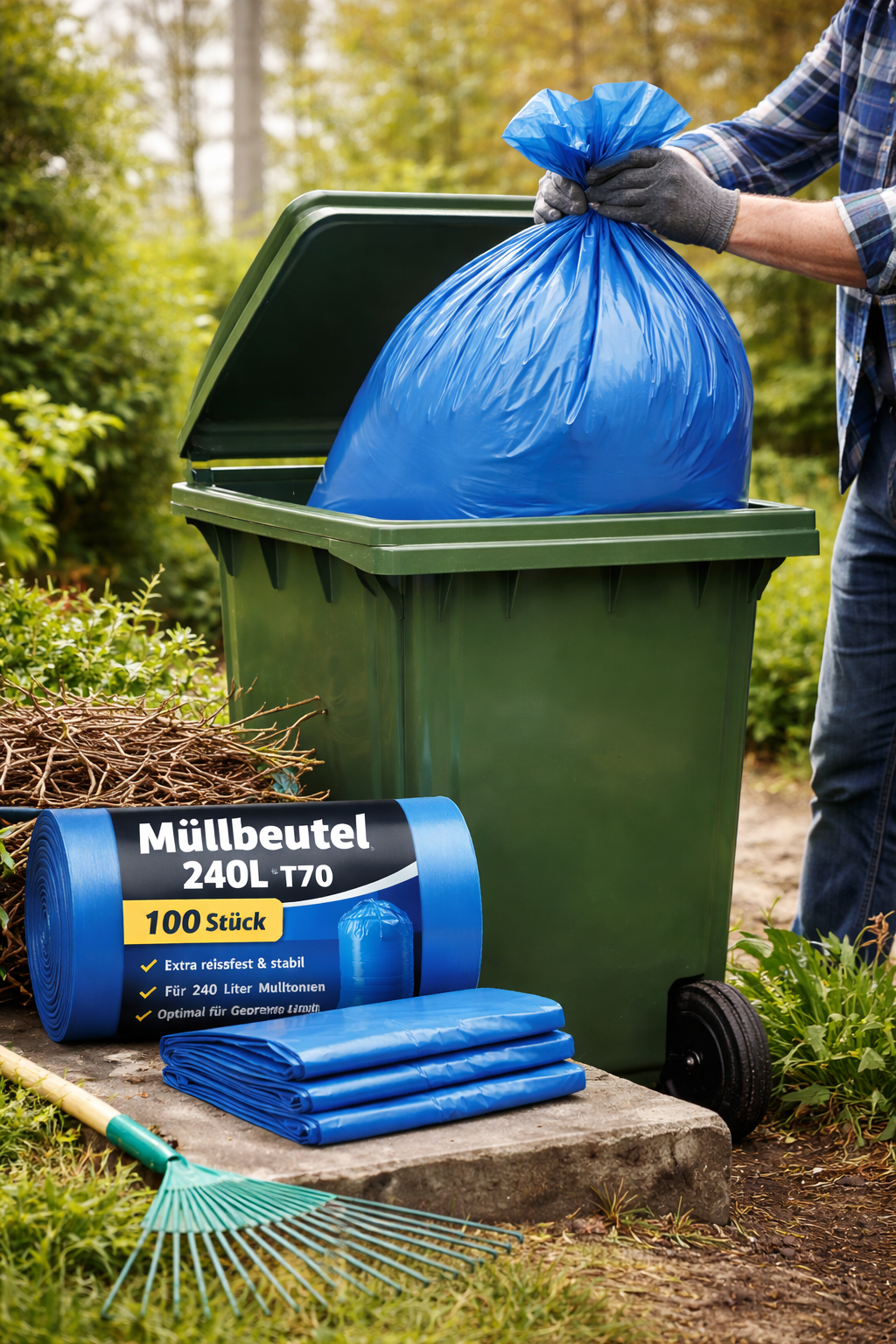 Müllbeutel 240 Liter T80 – 10 Rollen x 10 Beutel (100 Beutel) – Extra reißfeste Müllbeutel für 240 Liter Mülltonnen, stabile Abfallsäcke für Gewerbe, Garten, Baustelle & Haushalt