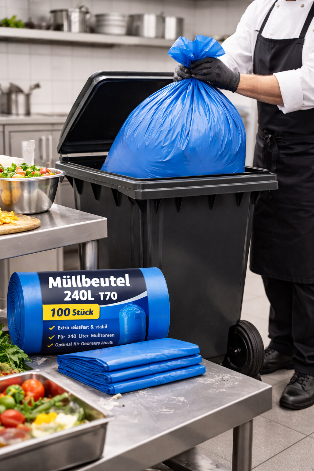 Müllbeutel 240 Liter T80 – 10 Rollen x 10 Beutel (100 Beutel) – Extra reißfeste Müllbeutel für 240 Liter Mülltonnen, stabile Abfallsäcke für Gewerbe, Garten, Baustelle & Haushalt