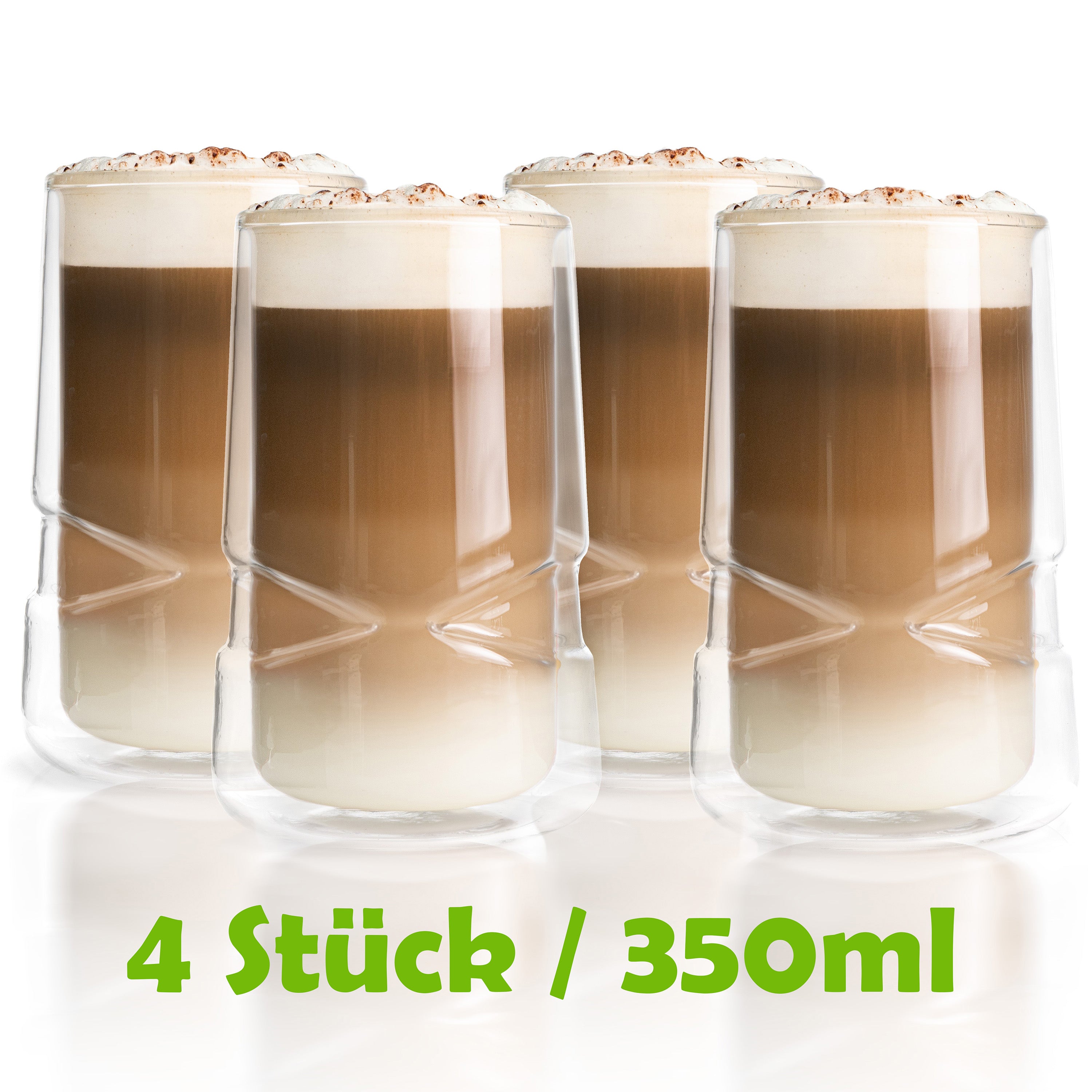 Doppelwandige Kaffeegläser – 4 Stück Thermogläser 350 ml, Eigenes Design, Latte-Macchiato- & Cappuccino-Gläser, Spülmaschinenfest