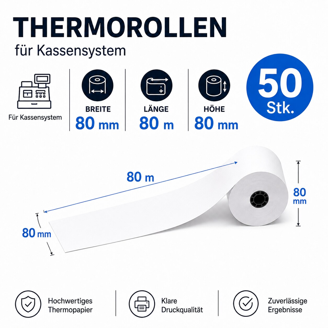 Kassenrollen 80x80 Thermorolle für Kasse, 80mmx80mmx12 mm (75m) – 50 Rollen 48GSM – Kassenrollen für EC-Gerät, Bondrucker & Kassensysteme, BPA-frei, Thermopapier für Gastronomie & Einzelhandel