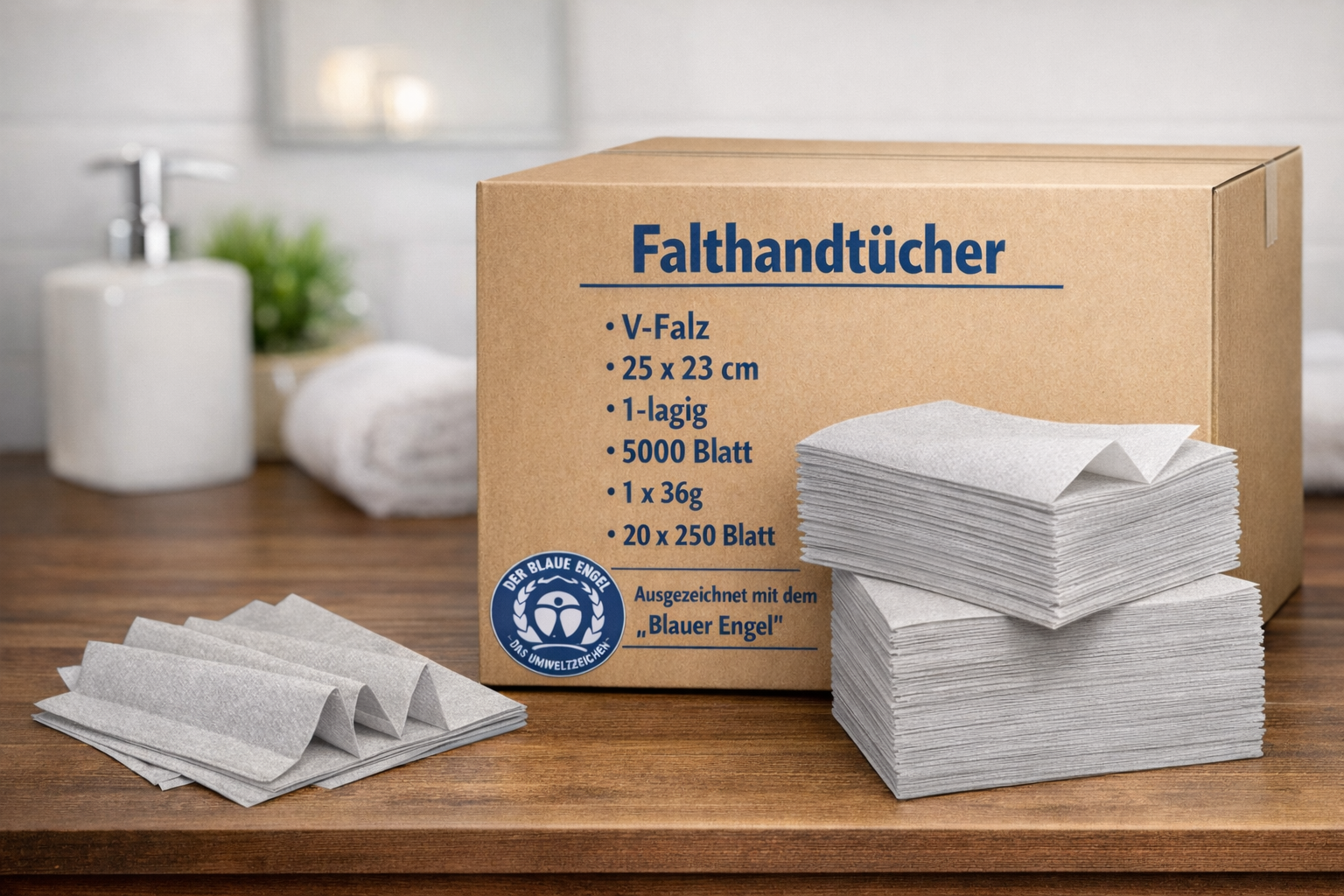 Falthandtücher V-Falz 1-lagig Naturweiß 25 x 23 cm – 20 x 250 Blatt (5.000 Blatt) – Papierhandtücher aus Recyclingpapier